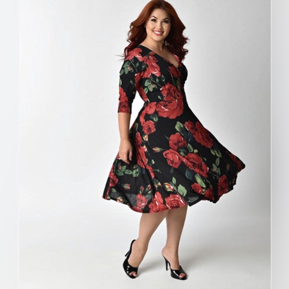 Unique VIntage 40s Style Kelsie Wrap Dress In Red And Black Floral